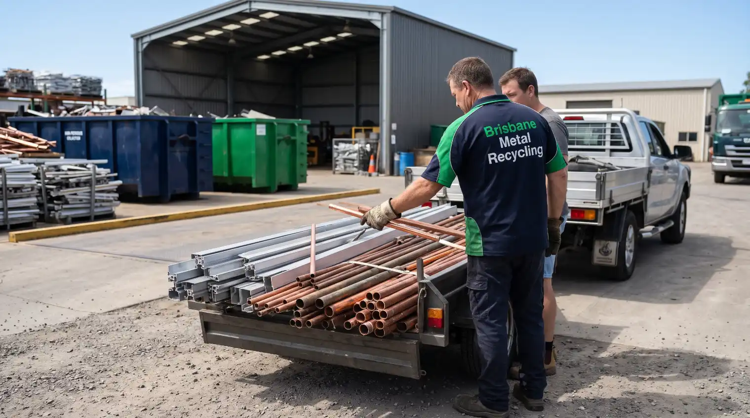 Scrap yard staff checking copper pipes and aluminium offcuts loaded onto a ute trailer at a Brisbane metal recycling yard.