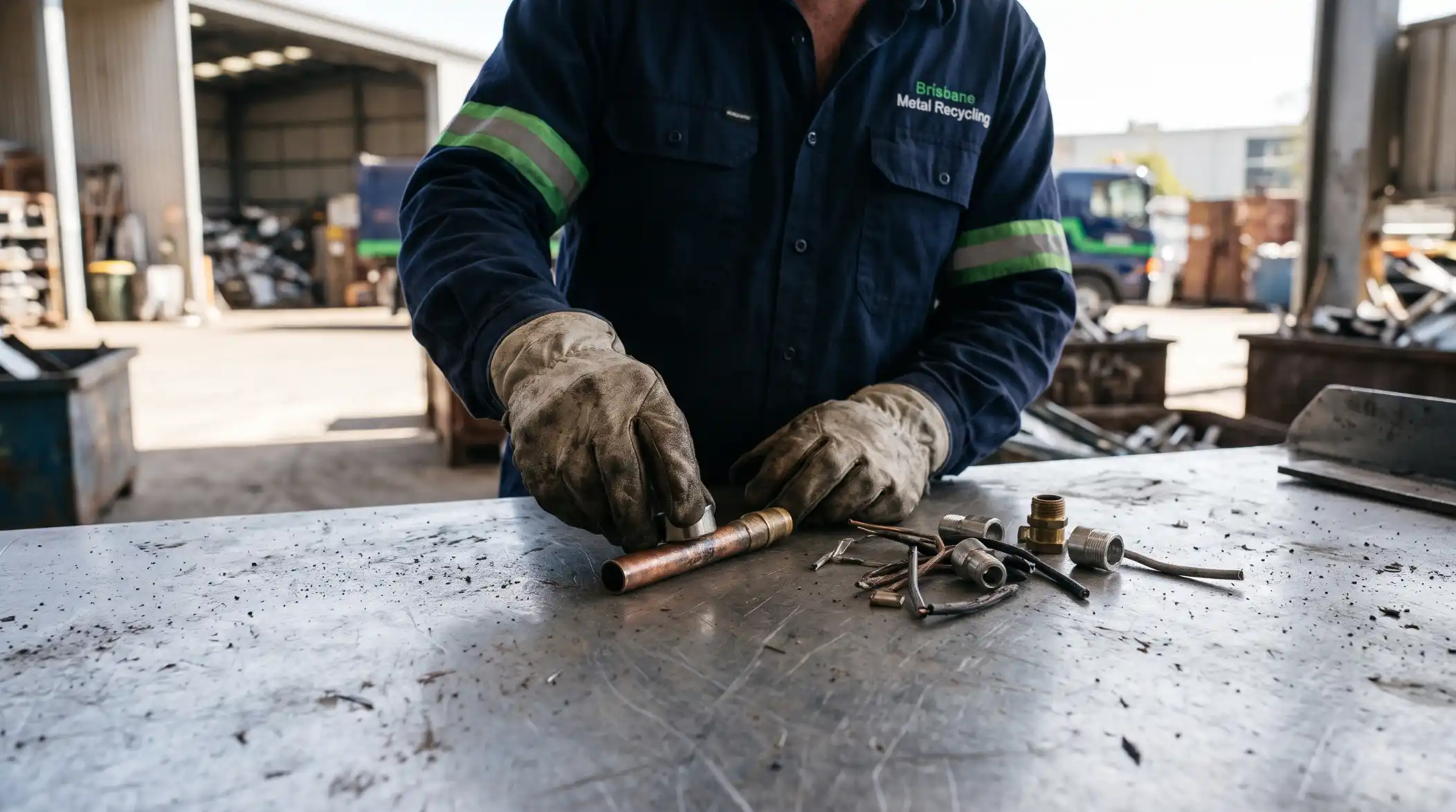 Scrap yard worker in protective gloves inspecting copper pipes and metal fittings on a workbench.