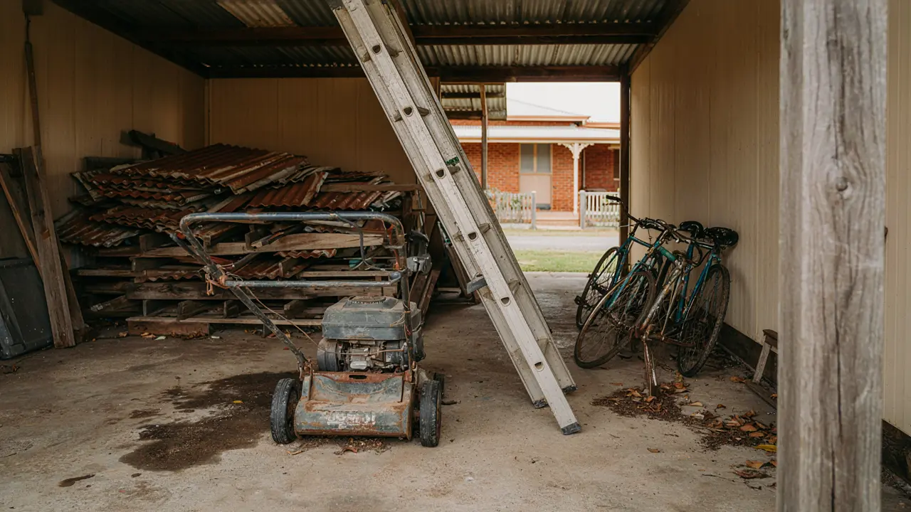 Carport crowded with rusty corrugated roofing sheets, a broken mower, an aluminium ladder and old bicycles
