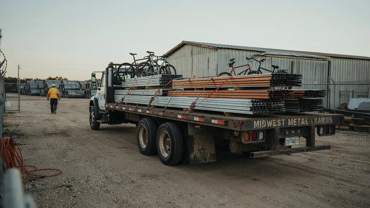Flatbed truck loaded with metal sheets and bicycles, strapped down for the trip to a scrap yard