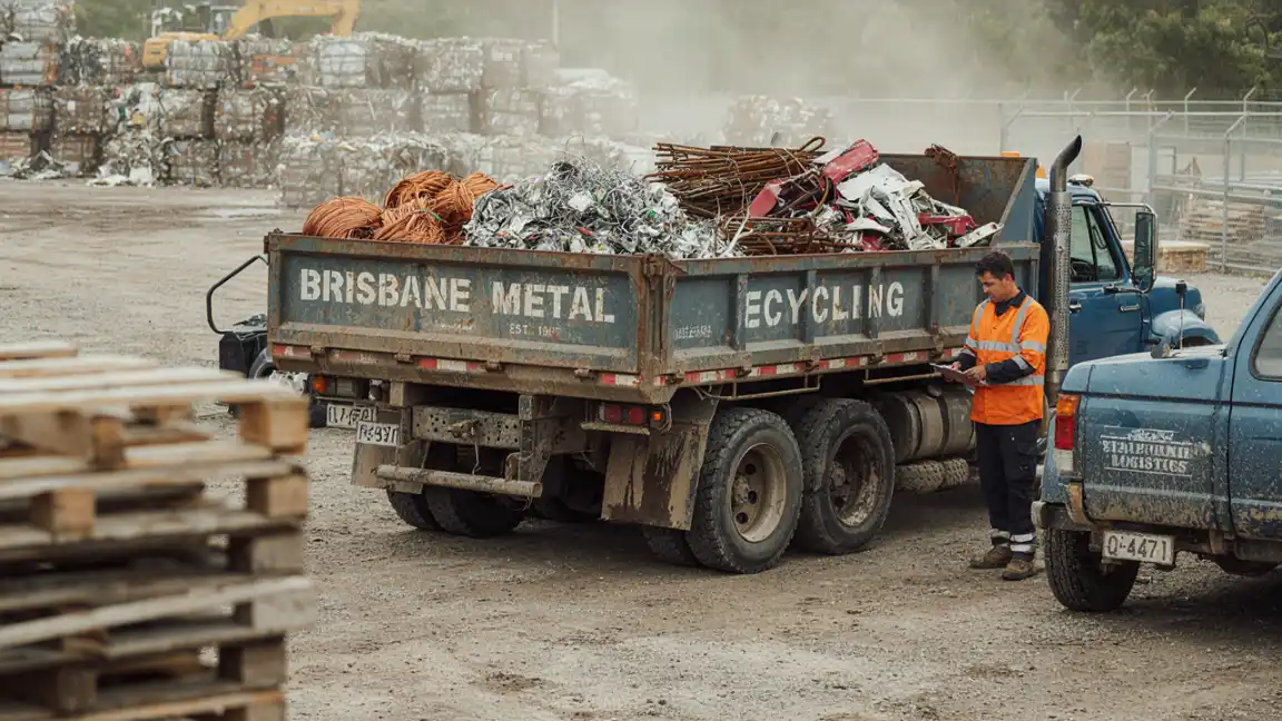 Worker with a clipboard beside a truck loaded with copper wire, aluminium and steel scrap at a metal recycling yard