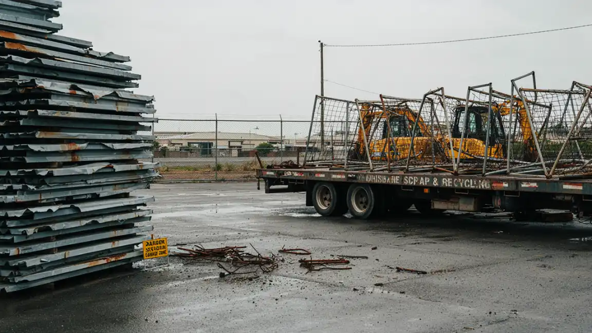 Bundled storm-damaged roofing sheets beside a flatbed truck loaded with bent metal fence frames at a scrap yard