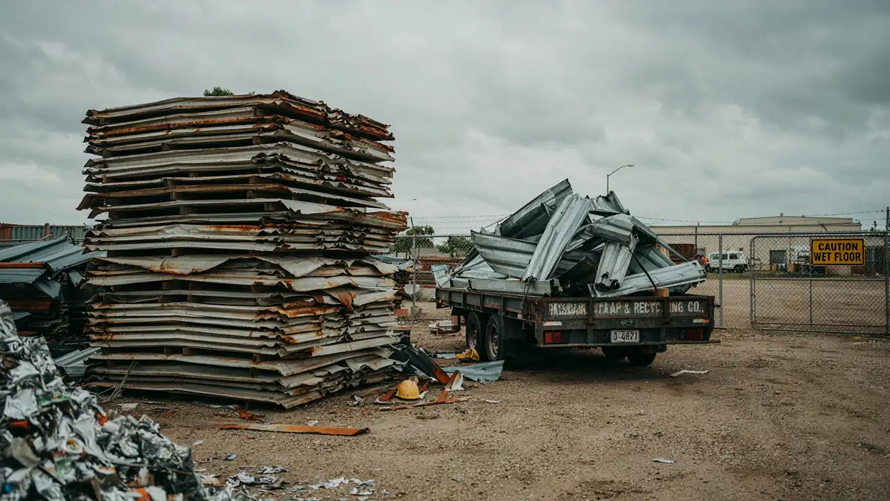 Stack of rusty storm-damaged roofing sheets next to a trailer loaded with twisted sheet metal at a scrap yard